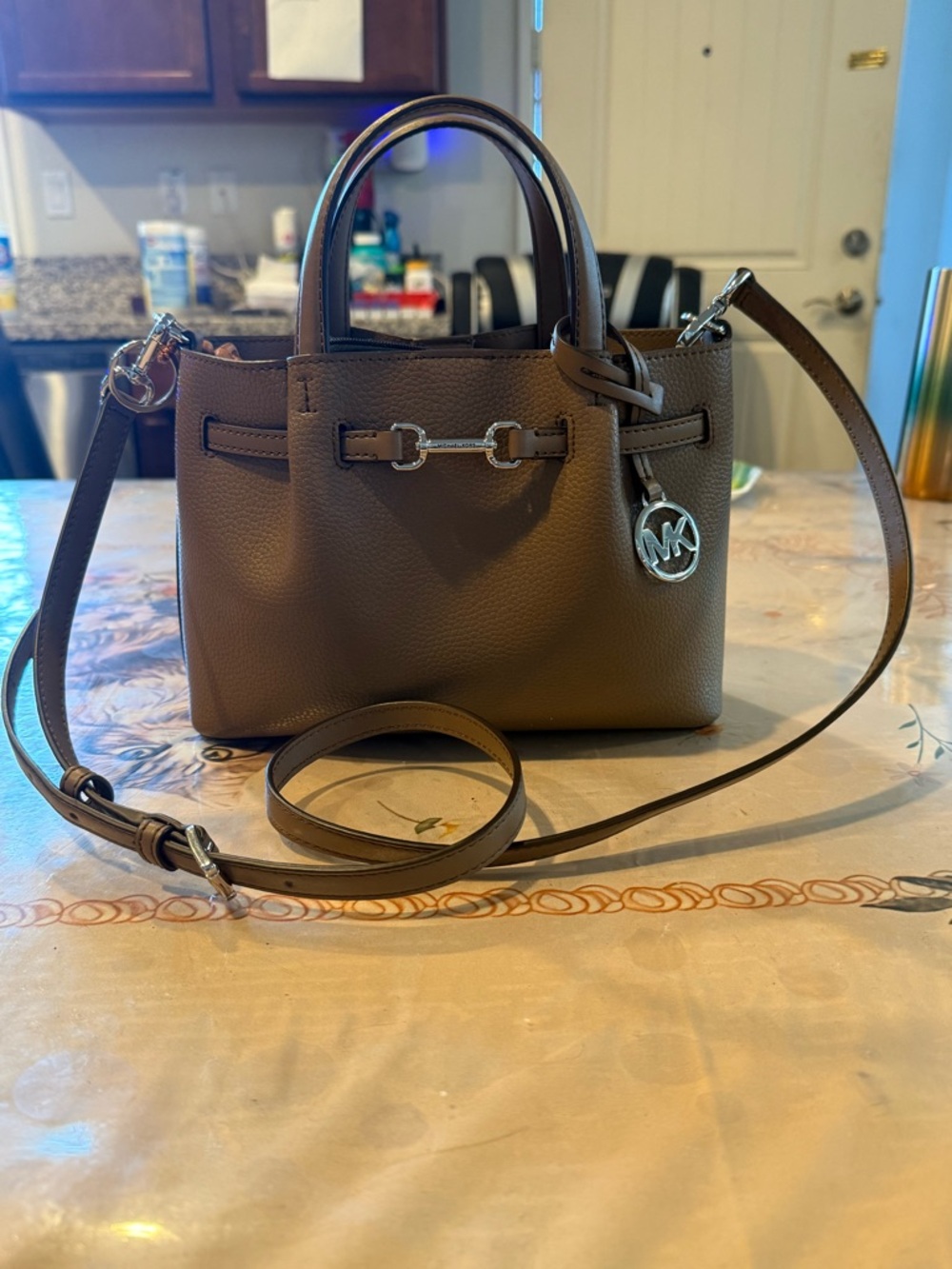 Michael Kors Olive Brown Pebbled Leather Satchel with Shoulder Strap